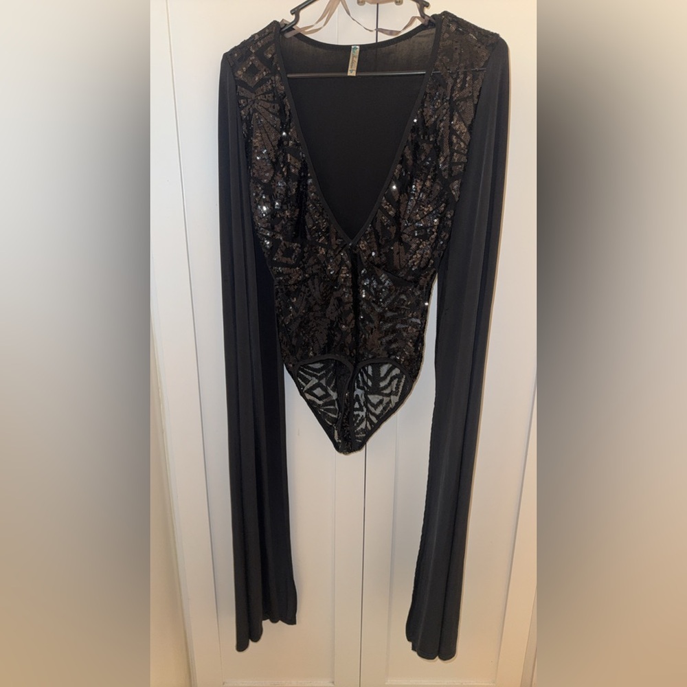 Black Sequin Mesh Long Sleeve Bodysuit